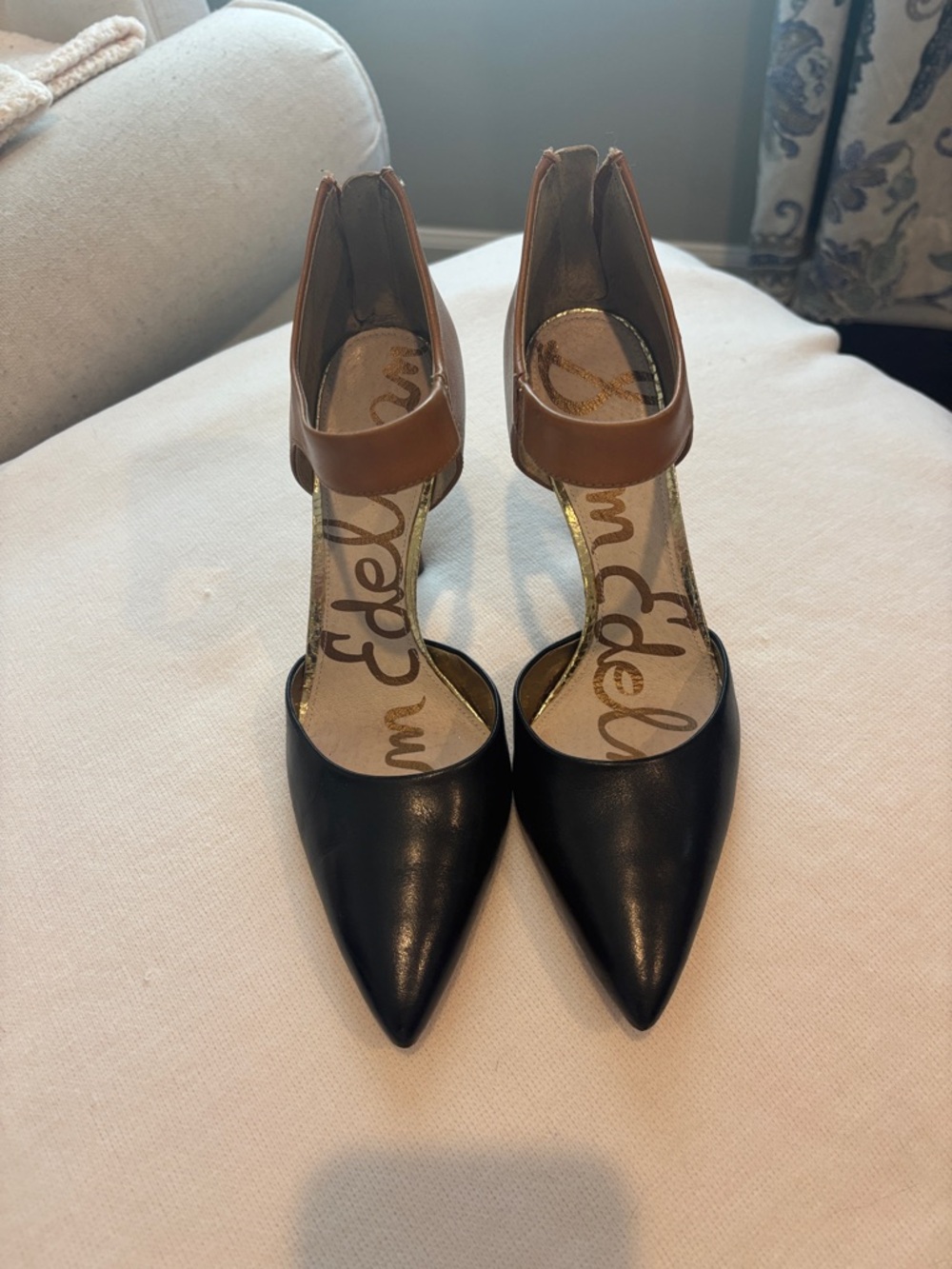 Sam Edelman Black Pointed Toe Pumps with Brown Ankle Strap